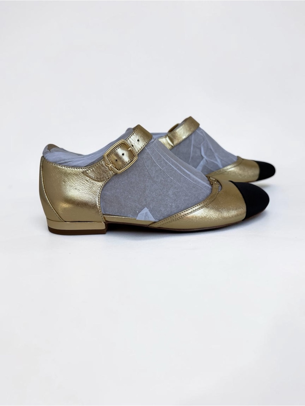 Sam Edelman Rylie Cap Toe Mary Jane Flats Metallic Gold with Black - Picture 10 of 15